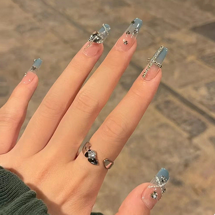 Whimsical Ocean Dream Long Coffin Blue Glittering Press-On Nail Set with Crystal Accents