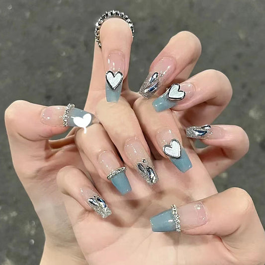 Hearts and Sparkles Long Coffin Light Blue Press On Nail Set with Dazzling Silver Detailing