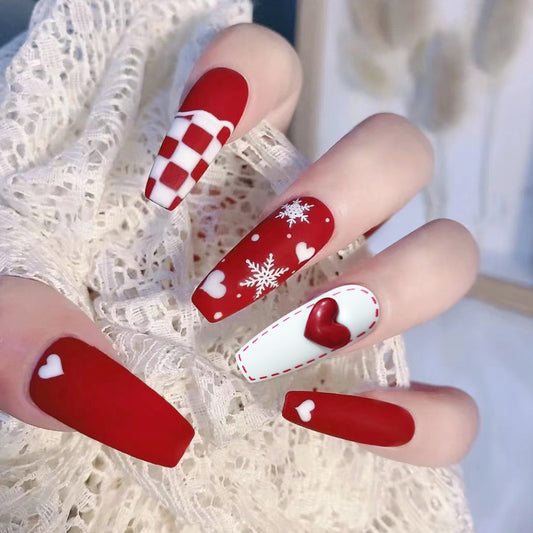 Romantic Winter Wonderland Long Coffin Red Press On Nail Set with Heart and Snowflake Designs