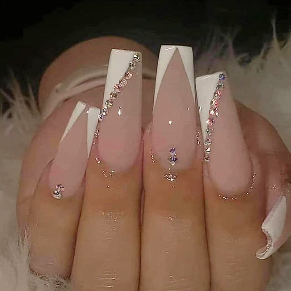 Glamorous Elegance Long Coffin Pink and White Ombre Nails with Sparkling Rhinestone Accents