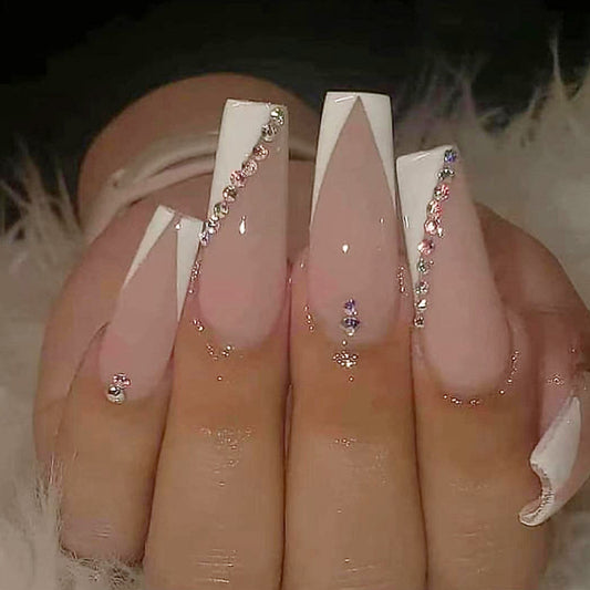 Glamorous Elegance Long Coffin Pink and White Ombre Nails with Sparkling Rhinestone Accents