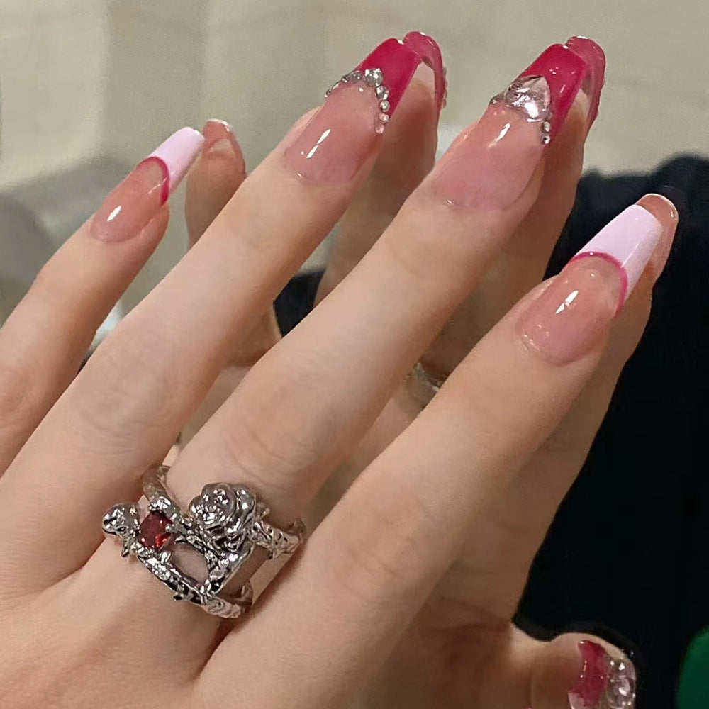 Enchanting Elegance Long Coffin Pink and Red Ombre with Sparkling Gem Accents Press On Nail Set