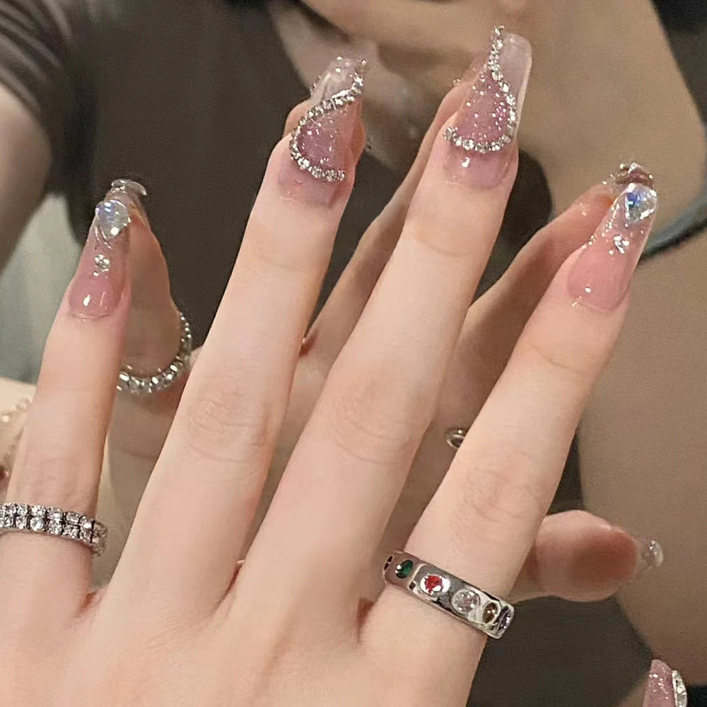 Sparkling Elegance Press-On Nail Set Long Coffin Pink Shimmer with Dazzling Rhinestone Accents