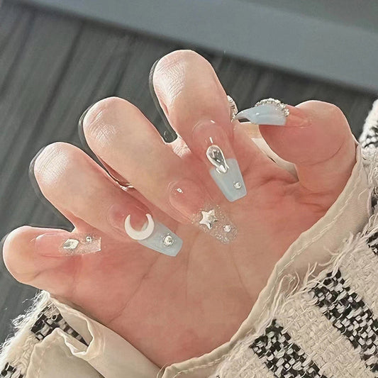 Celestial Charm Long Coffin Light Blue Press On Nail Set with Star and Moon Accents