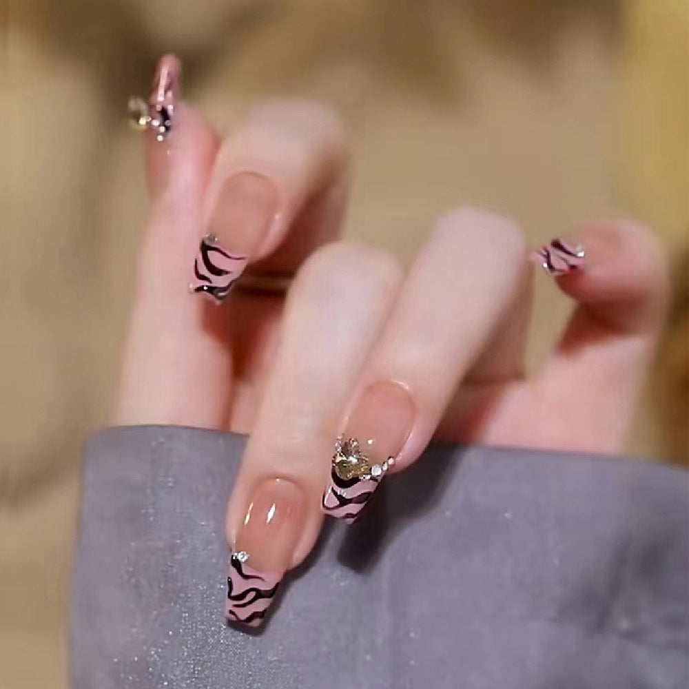 Chic Animal Print Long Coffin Pink Nails with Rhinestone Accents