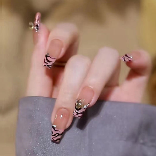 Chic Animal Print Long Coffin Pink Nails with Rhinestone Accents