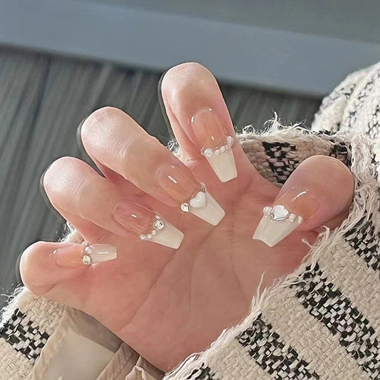 Chic Elegance Long Coffin White Press On Nail Set with Heart Shaped Beads