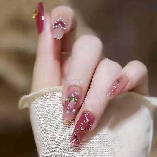 Enchanting Garden Romantic Long Coffin Pink Press-On Nail Set with Sparkling Gemstone Accents