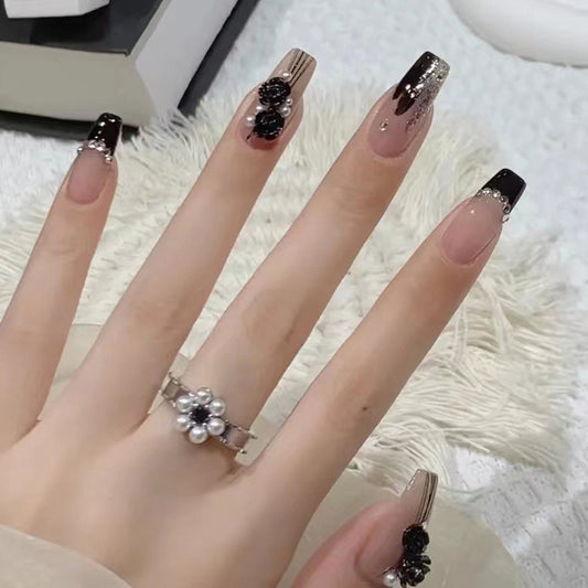 Elegant Garden Glamour Long Coffin Black and Beige Ombre with Floral Accents Press on Nail Set