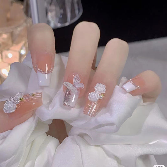 Elegant Garden Dream Long Square Beige with White and Silver Glitter Butterfly Accent