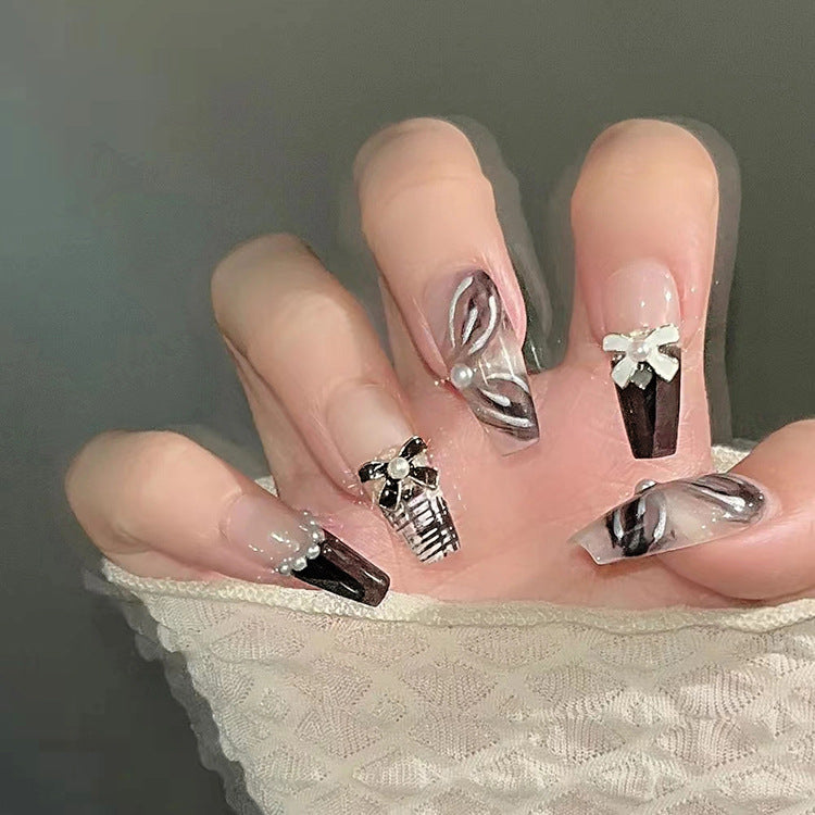 Chic Elegance Long Square Dark Brown Marble Design with Pearl Embellishments Press On Nail Set