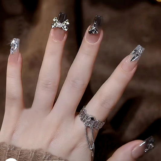 Glamorous Elegance Long Coffin Transparent Gray with Dazzling Gemstone Accents Press On Nail Set