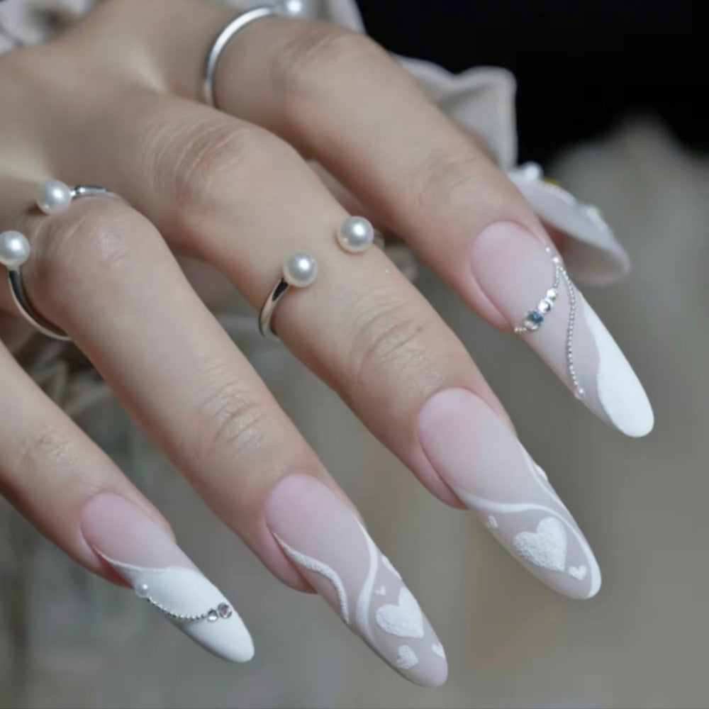 Elegant Enchantment Long Almond White with Heart and Pearl Accents Press On Nail Set