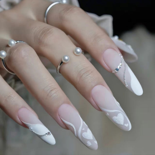 Elegant Enchantment Long Almond White with Heart and Pearl Accents Press On Nail Set