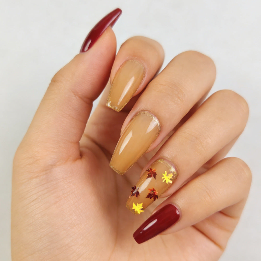 Autumn Bliss Long Coffin Burgundy and Beige Press On Nail Set with Leaf Accents