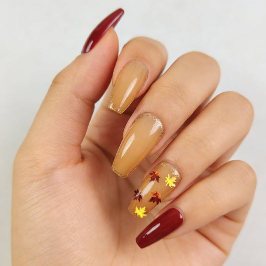 Autumn Bliss Long Coffin Burgundy and Beige Press On Nail Set with Leaf Accents