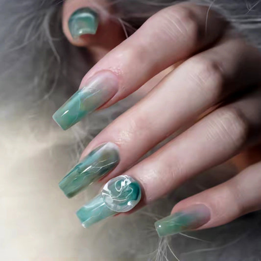 Ocean Breeze Extra Long Coffin Press On Nail Set in Aqua Green with Unique Marble Design and Rose Accent
