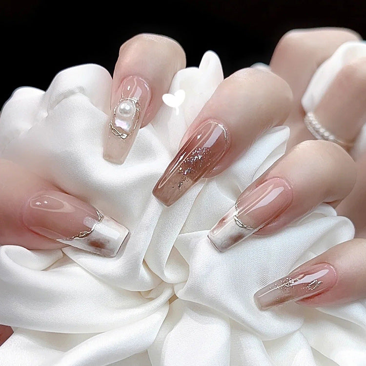 Elegant Dreamland Long Coffin Beige Ombre Press On Nail Set with Pearl and Gold Accents