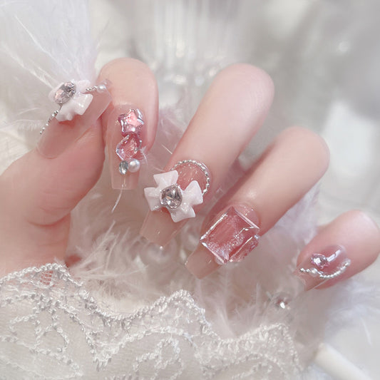 Dreamy Elegance Long Coffin Pink with Glamorous Gemstone Accents Press on Nail Set