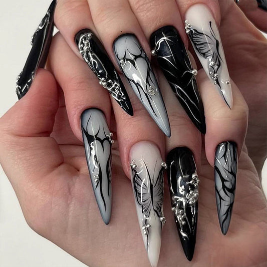 Mystical Elegance Long Stiletto Black and Gray Ombre Press On Nails with Intricate Silver Detailing