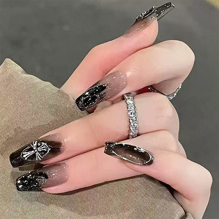 Gothic Elegance Long Coffin Black Ombre Nails with Gemstone Accents
