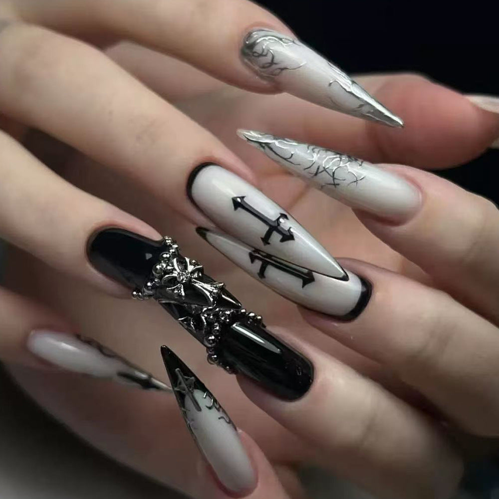Gothic Elegance Long Stiletto Black and Gray Press on Nail Set with Unique Metal Accents
