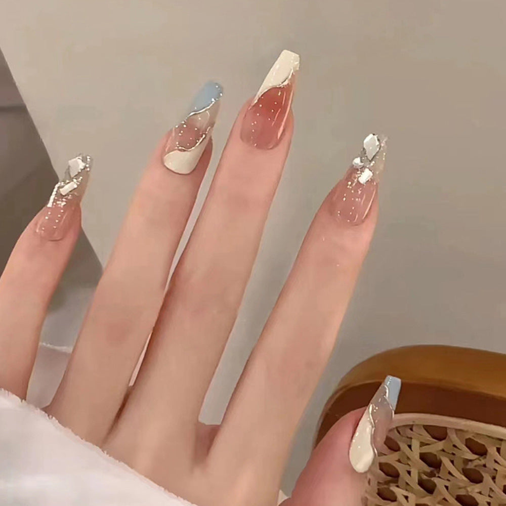 Artistry in Elegance Long Coffin Gradient Beige and Pastel with Unique Geometric Accents Press On Nail Set