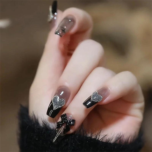 Gothic Elegance Long Coffin Black Gradient Press On Nail Set with Sparkling Heart and Bow Embellishments