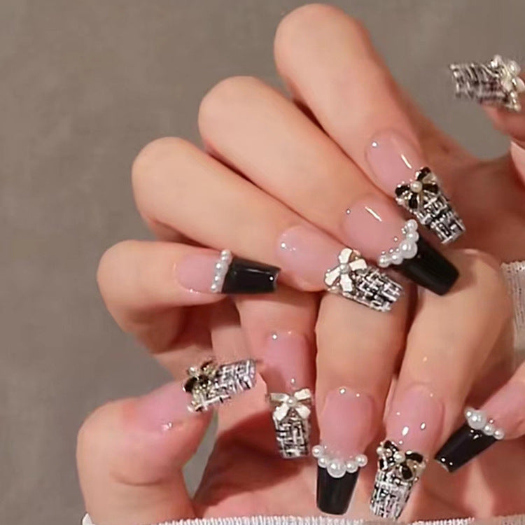 Glamorous Elegance Long Coffin Clear and Black Press-On Nail Set with Pearl and Ribbon Accents