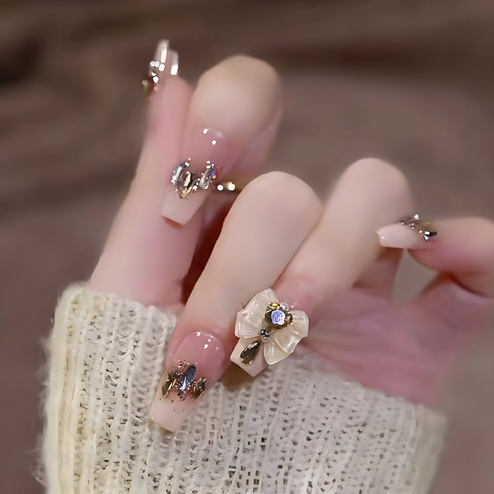 Glamorous Elegance Long Coffin Beige with Bow and Rhinestone Accents Press On Nail Set