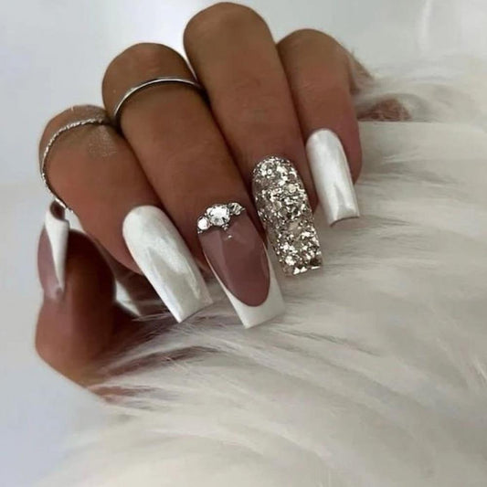 Glamorous Winter Wonderland Long Coffin White and Beige Press On Nail Set with Glitter and Rhinestone Accents
