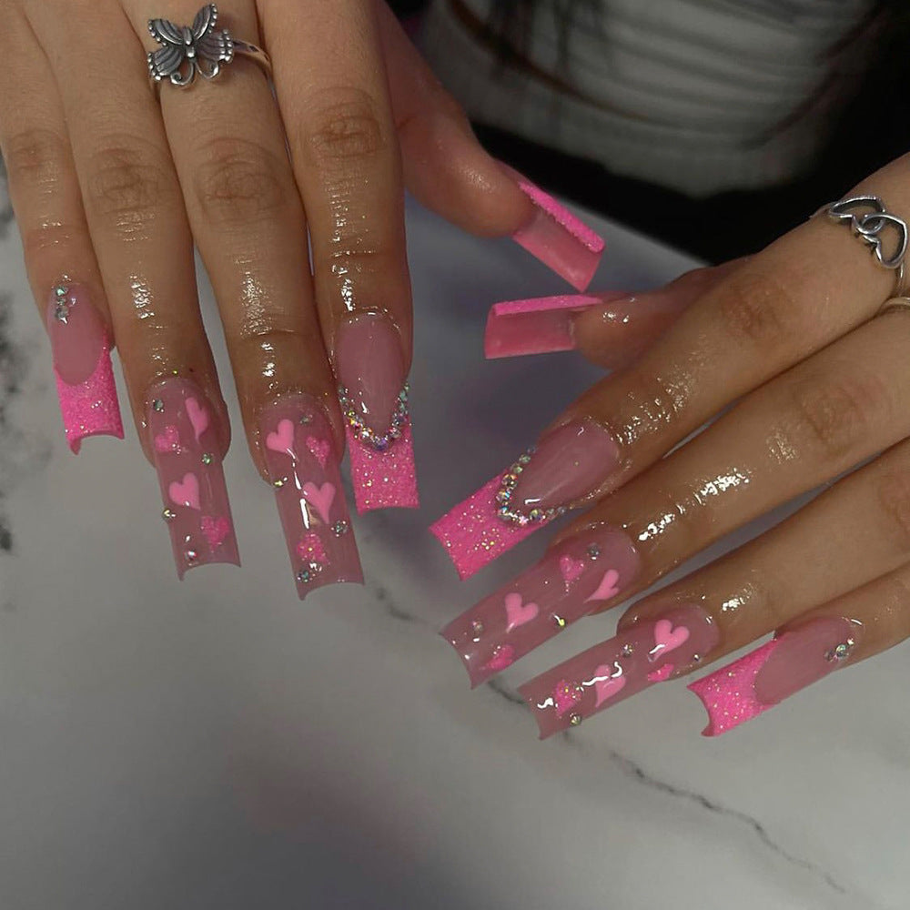 Love Struck Extra Long Square Pink Press On Nail Set with Glitter Hearts and Rhinestone Accents