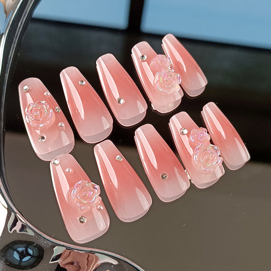Blossom Elegance Long Coffin Pink Press On Nail Set with Floral Accents and Glittering Gems