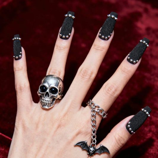 Spooky Elegance Long Coffin Black Nails with Studded Texture