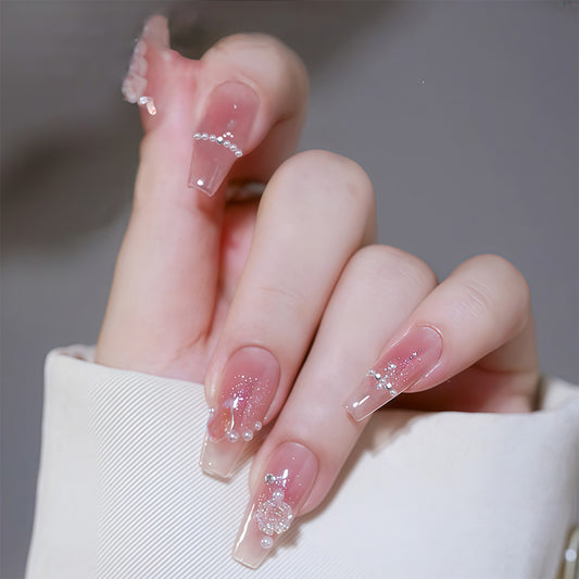 Dreamy Elegance Long Coffin Transparent Nails with Sparkling Embellishments