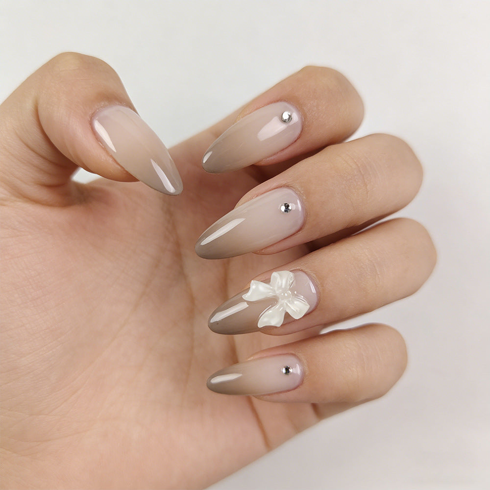 Whimsical Elegance Long Almond Ombre Beige Press On Nail Set with Charming Bow Detail
