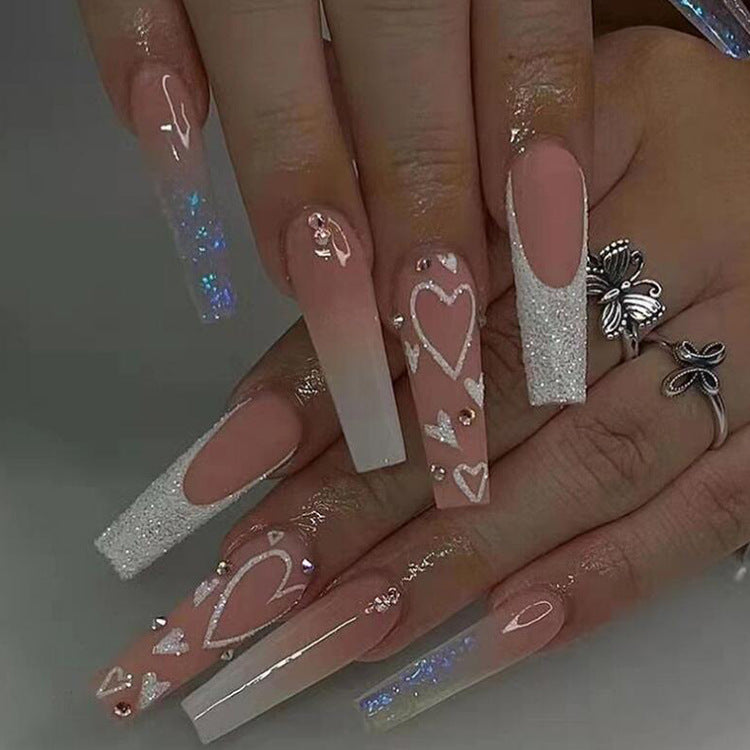 Romantic Elegance Long Coffin Pink and White Ombre Nails with Heart and Glitter Accents