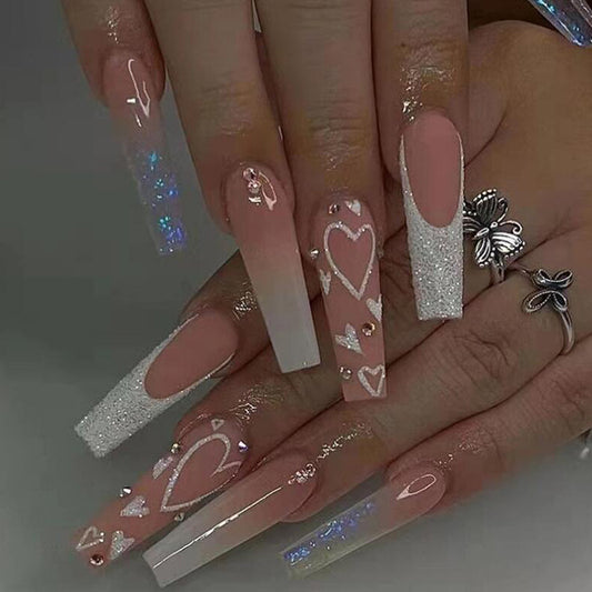 Romantic Elegance Long Coffin Pink and White Ombre Nails with Heart and Glitter Accents
