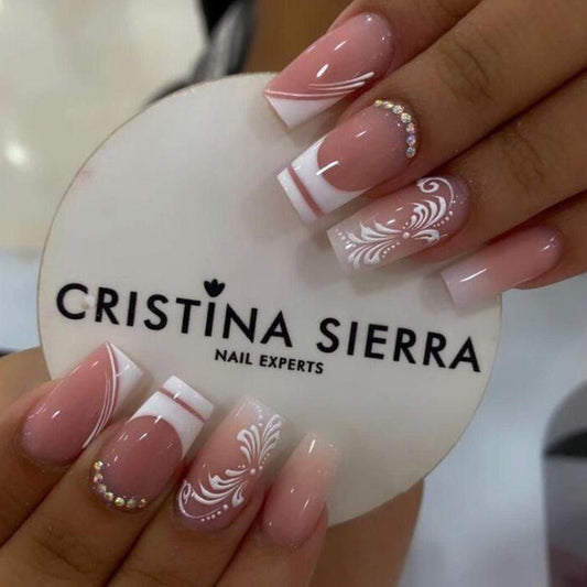 Elegant Romance Long Square Pink Ombre Press On Nail Set with White Floral Design and Rhinestone Accents