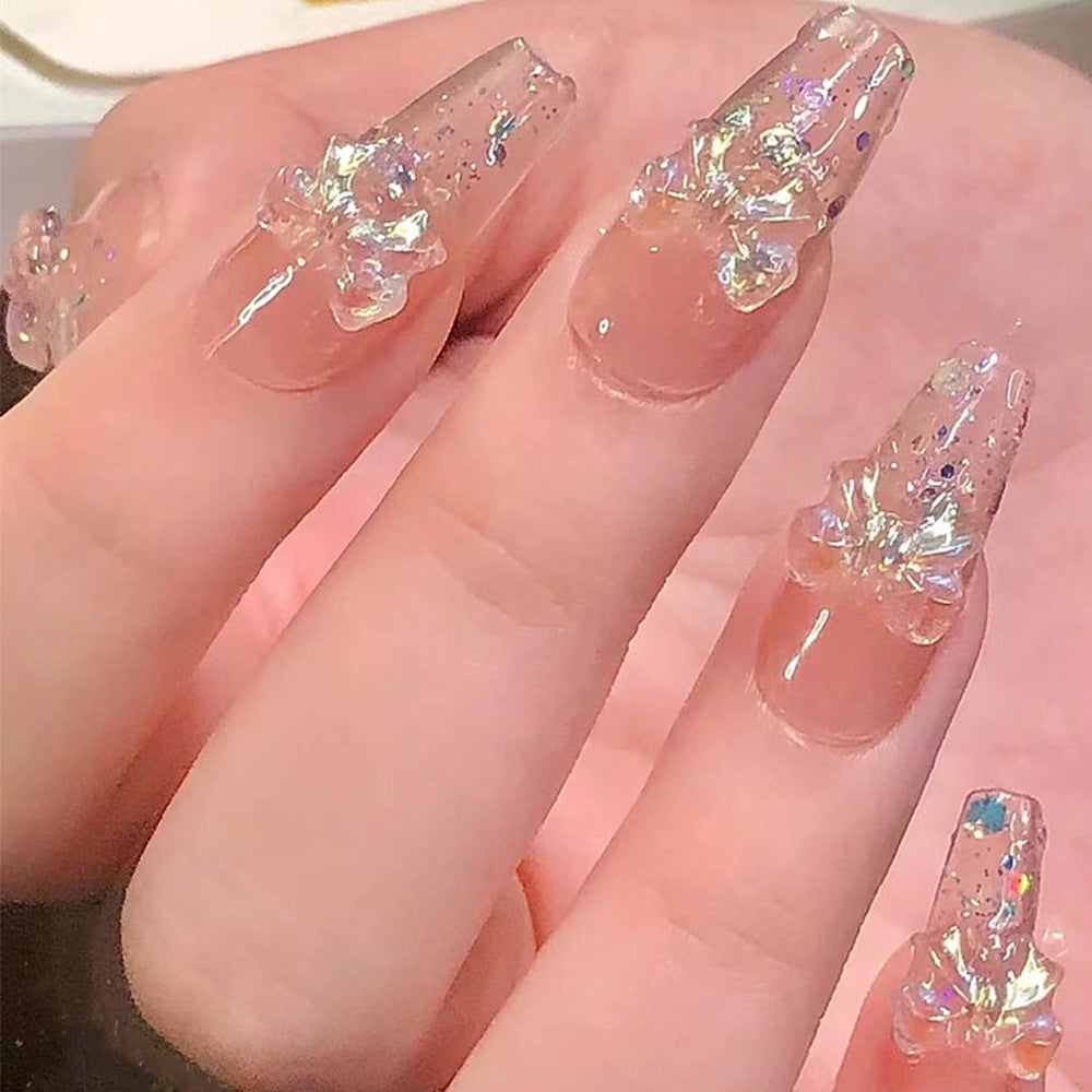 Whimsical Elegance Long Coffin Transparent Nails with Iridescent Glitter and Floral Accents