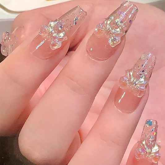 Whimsical Elegance Long Coffin Transparent Nails with Iridescent Glitter and Floral Accents