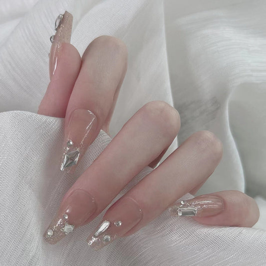 Elegance in Transparency Long Coffin Neutral with Gemstone Accents Press-On Nail Set