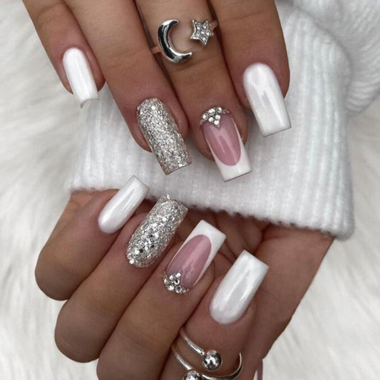 Celestial Glam Long Square White and Silver Glitter Press On Nail Set with Rhinestone Accents