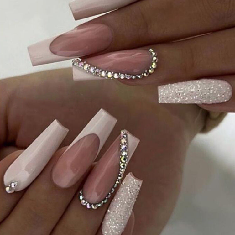 Glamorous Elegance Long Coffin Light Pink Press On Nail Set with Sparkling Rhinestone Accents