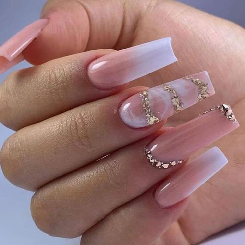 Elegant Romance Long Square Ombre Pink Press On Nail Set with Gold Accent Glitter