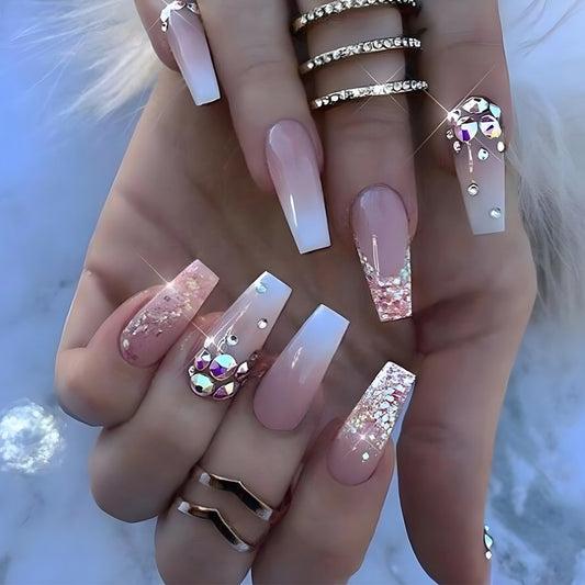 Glamorous Elegance Long Coffin Ombre Pink with Sparkling Rhinestones Press on Nail Set