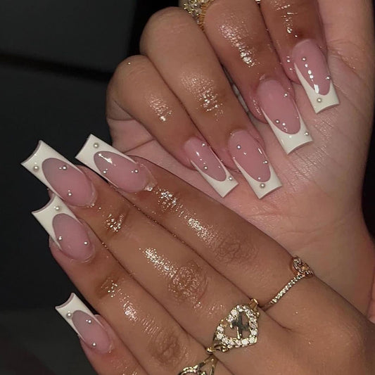 Glamorous Elegance Long Square Pink and White Press On Nail Set with Rhinestone Accents
