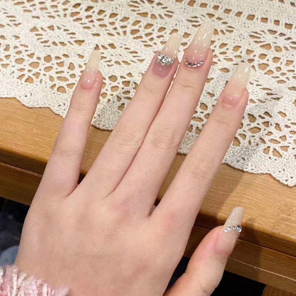 Elegant Dreamy Coffin Shaped Long Transparent Nails with Sparkling Rhinestone Accents