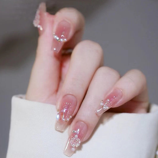 Mystical Elegance Long Coffin Pink Press on Nail Set with Glittering Floral Accents