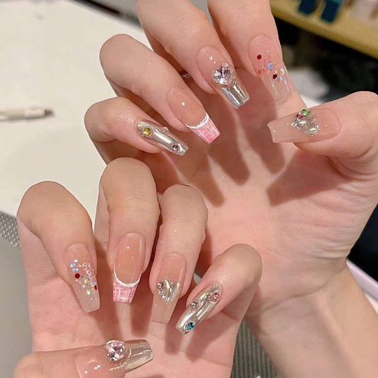 Glamorous Dreamy Long Coffin Beige and Pink Press-On Nail Set with Dazzling Gem Accents